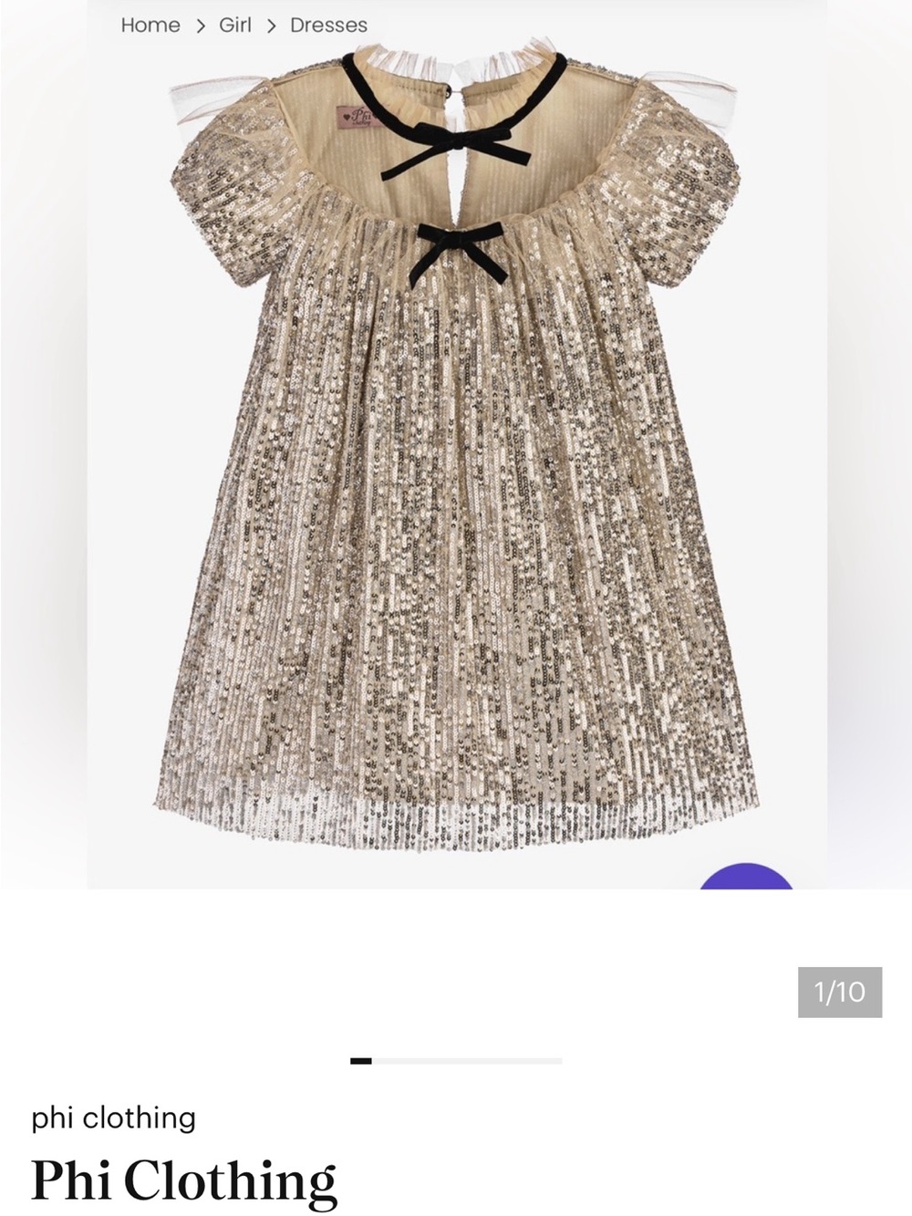 Girls' Gold Sequin Party Dress with Black Bow Trim